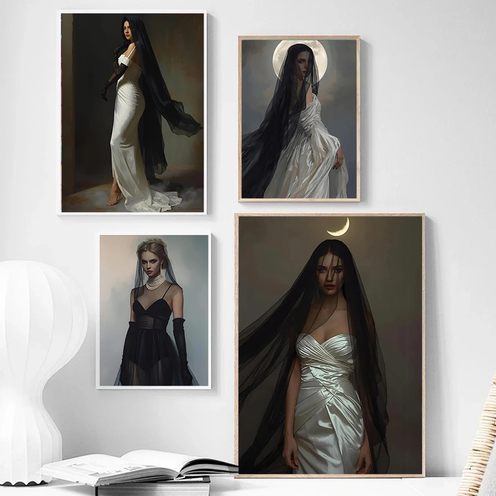 Surrealing Dreamy Beautiful Misty Pearl Wedding Dress Female Portrait Art Poster Canvas Print Photography Studio Home Wall Decor