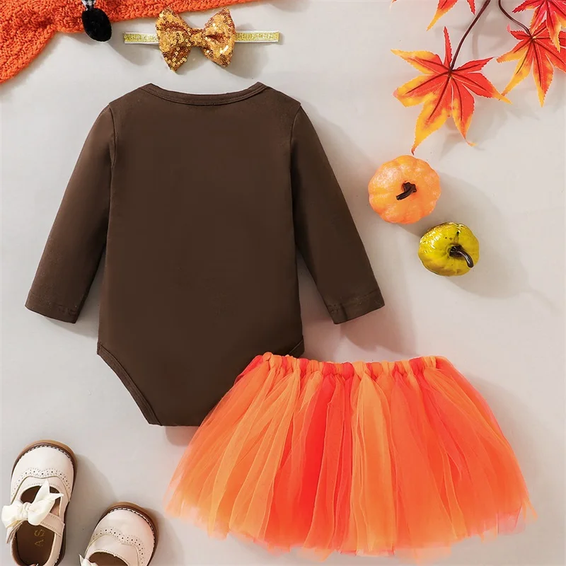 My 1st Thanksgiving Baby Girl Outfits Long Sleeve Turkey Romper with Tutu Skirt Shorts Leg Warmers Headband 4Pcs Set