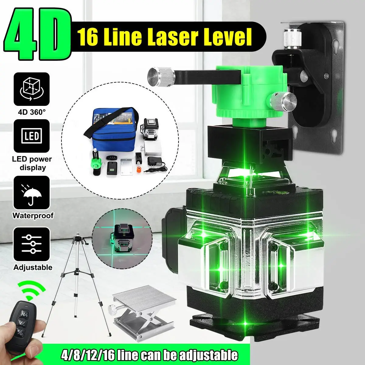 16 Lines 4D Laser Level Green Line SelfLeveling 360 Horizontal And Vertical Super Powerful Laser Level Green Beam Laser Level