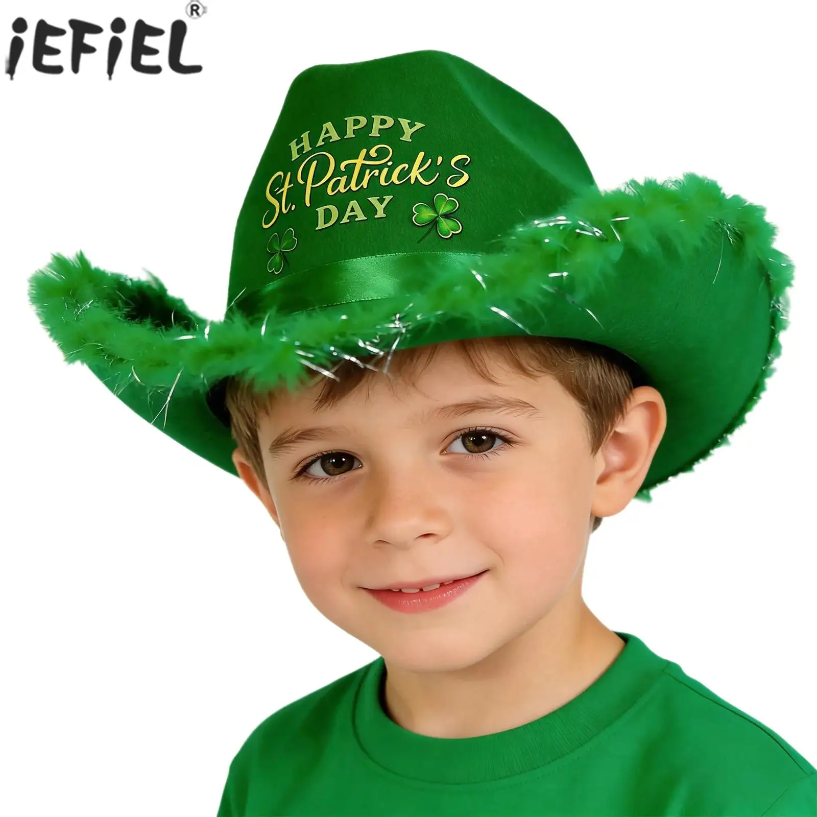 

St Patrick Day Cowboy Hat Irish Holiday Headwear Vintage Plush Trim Shamrock Felt Cowgirl Cap Carnival Festival Party Costume