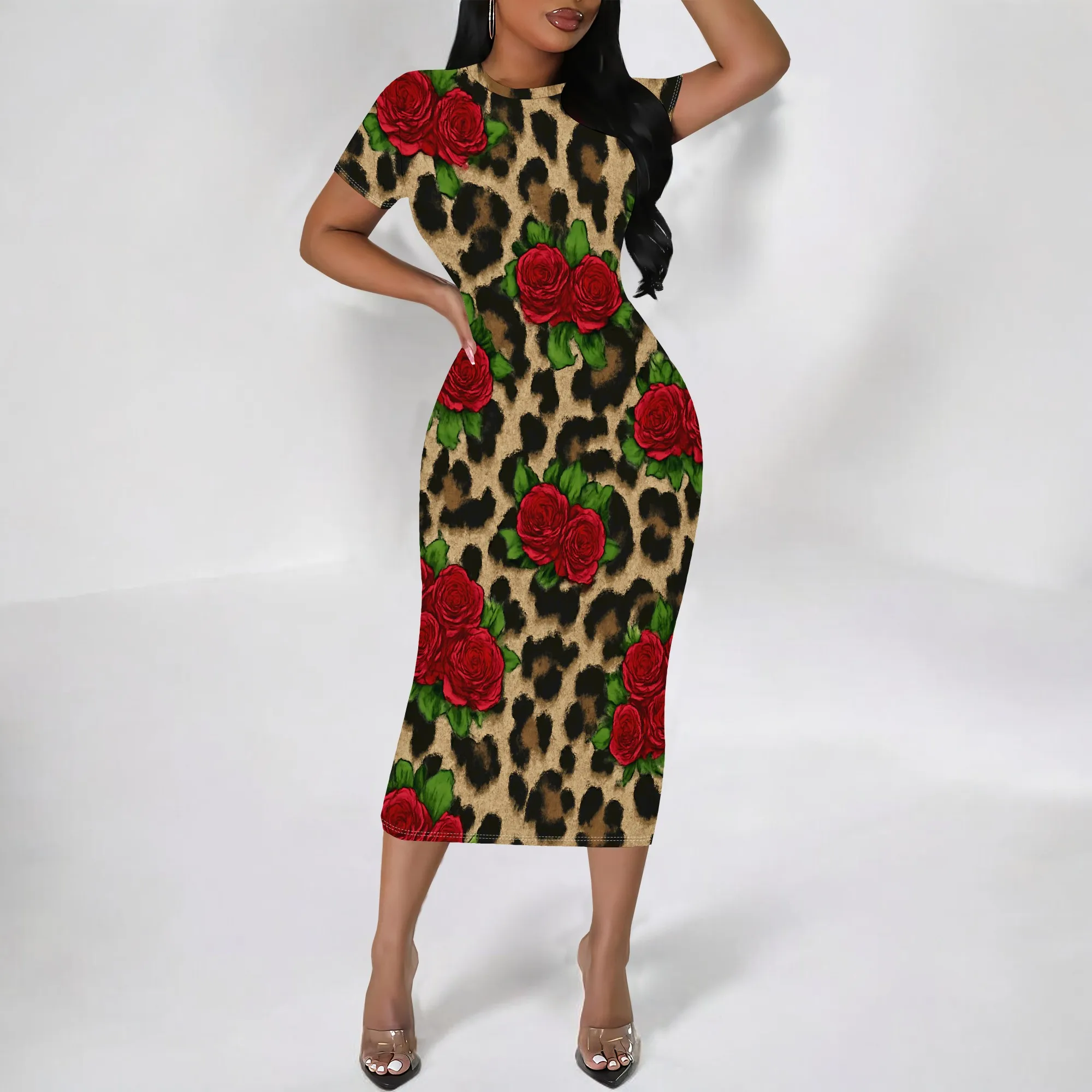

Rose Leopard Print Bodycon Dress S-3XL Short Sleeve Slim Fit Midi Style for Date Night, Club Party or Afro Glam Fashion Look