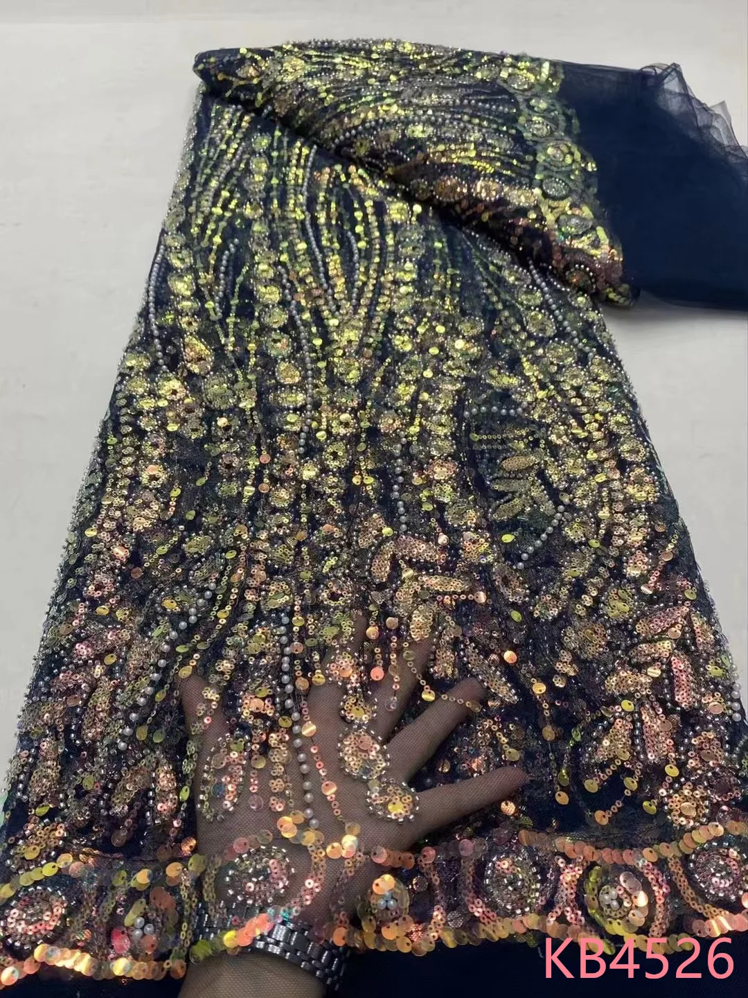 

2025 Latest 5 Yards Beads Embroidery Lace African Fabric Lace High Quality 2025 Sequins Tulle Lace Fabrics For Sewing KB4526