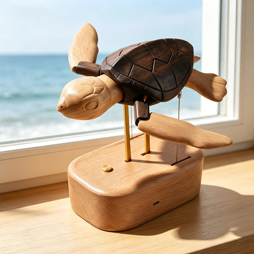 Wood Carved Animated Sea Turtle Decor Ornament Realistic Swimming Moving Turtle Figurine, Wooden Art Craft Desktop Home Decor