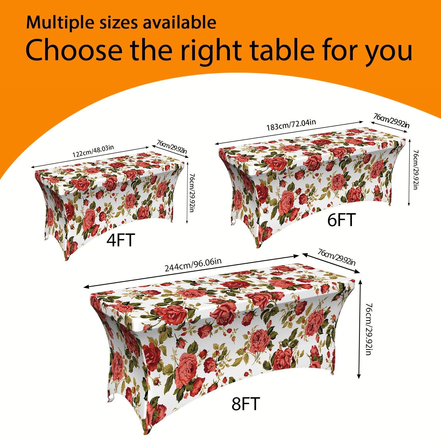 1PC Summer Outdoor Elastic Tablecloth, Romantic Red Rose Floral Printed, 4/6/8FT Rectangular Stretchable Table