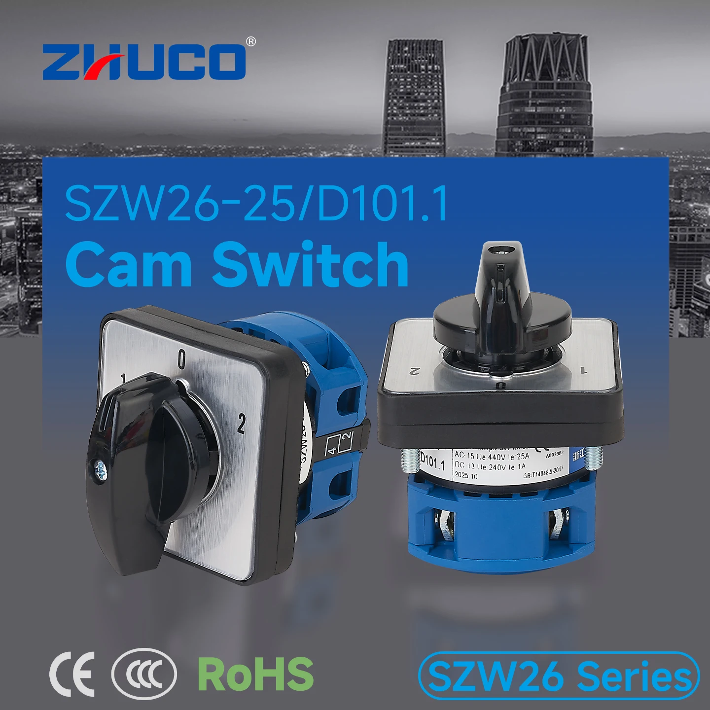 Zhuco 2/3 Position Selector Switch 25A 690V, 4-Terminal Universal Rotary Cam Selector with Locking Switch, Suitable for Distribution Cabinets, Machine Tools, Industrial Panels (Szw26-25, on Off On, on Off, on on)
