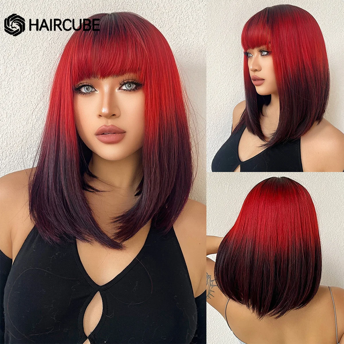 Black to Red Omber Straight Synthetic Wigs with Bangs Medium Synthetic Wigs for Women Use Cosplay Heat Resistant Natural Hair