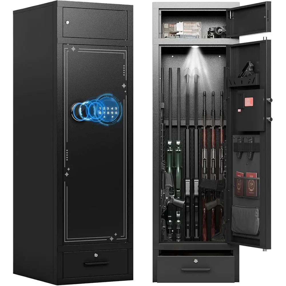 

Digital Gun Safe for Rifles and Pistols, Adjustable Racks, Multi-Layer Design, Separate Lockbox and Drawer for Home Security