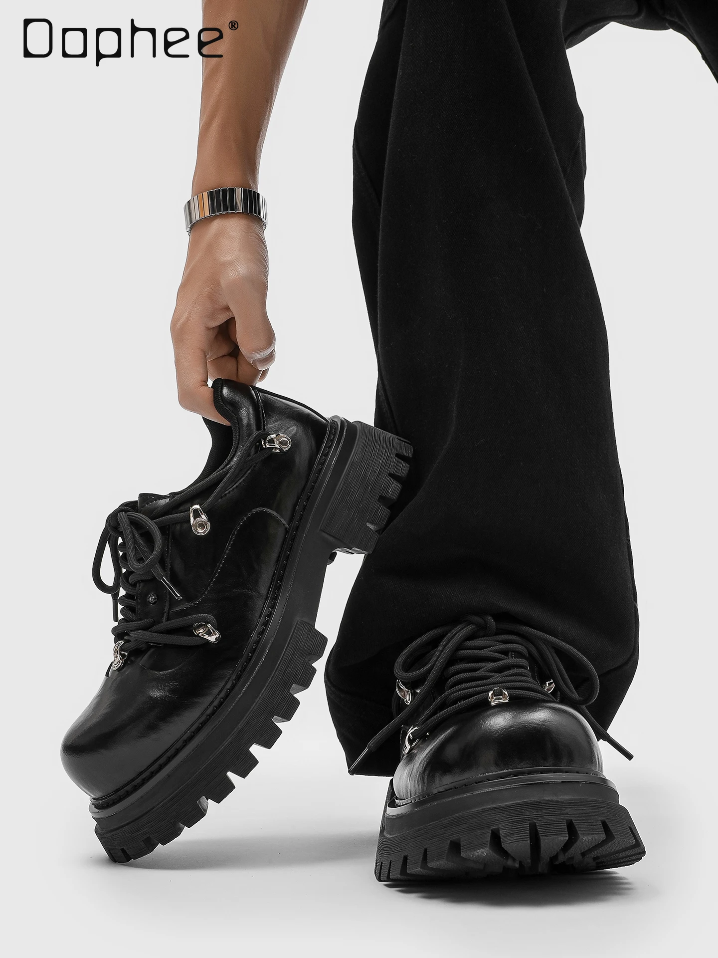 

Spring and Autumn British Style Casual Leather Shoes for Men Thick Sole Height Increasing Punk Commuter Black Leather Shoes