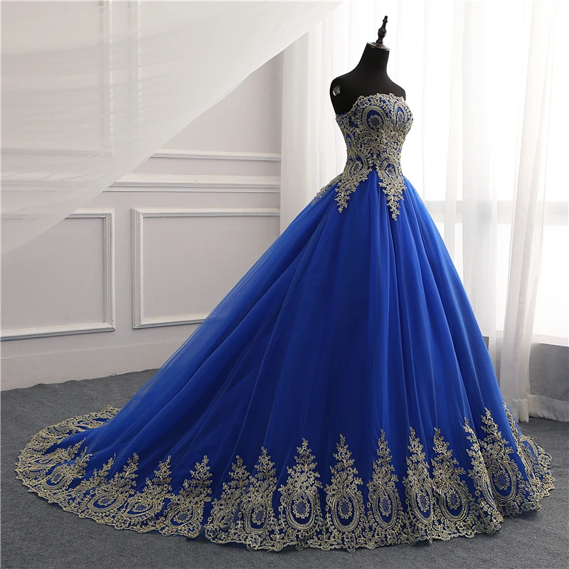 Vestido de quinceañera sin tirantes con apliques de encaje dorado claro azul real para niña, vestido de baile hasta el suelo o con tren, dulce 15