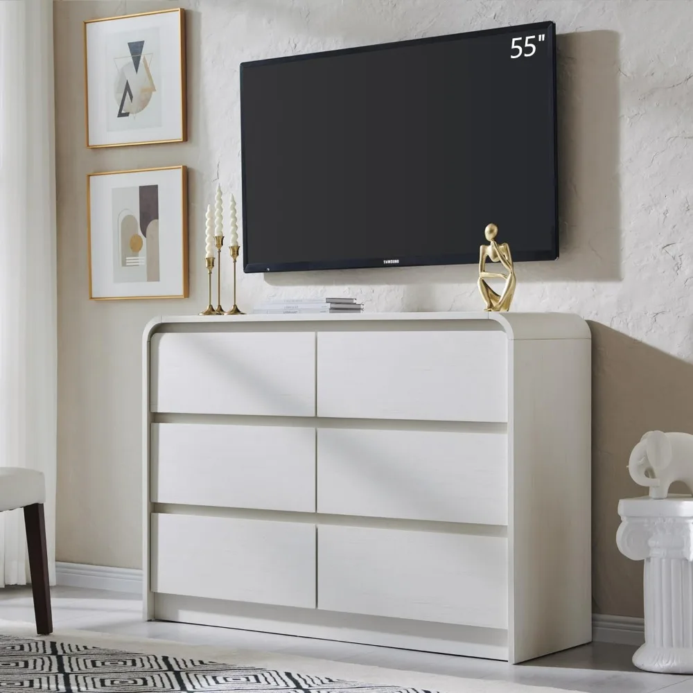 Modern 6 Drawers Dresser for Bedroom,  Wide Wood Dressers & Chests of Drawers w/Curved Profile Design