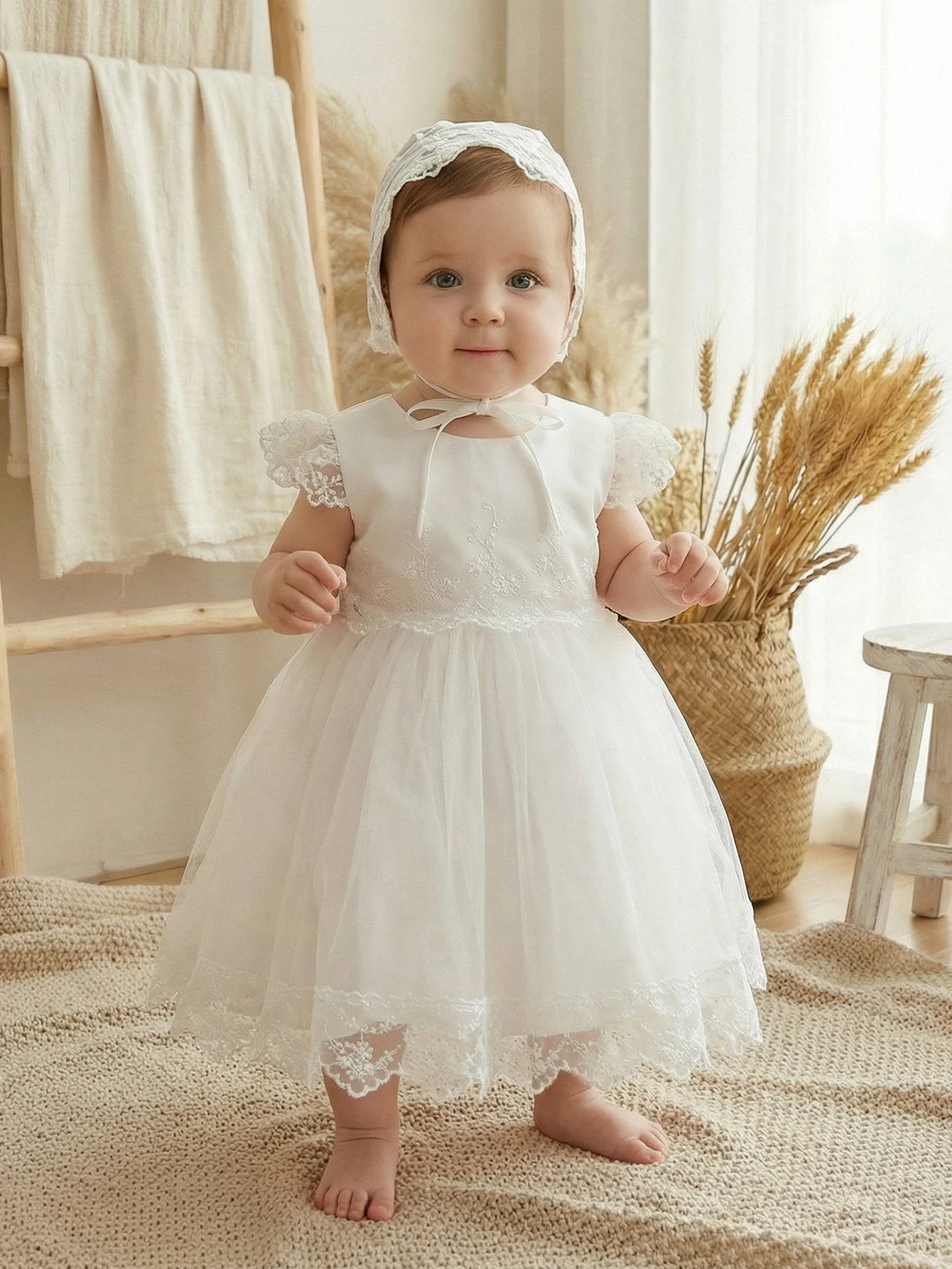 Baby Girl's White Baptism Dress, Lace Little Dress, Birthday Party Puffy Chiffon Dress, Wedding Flower Girl Dress