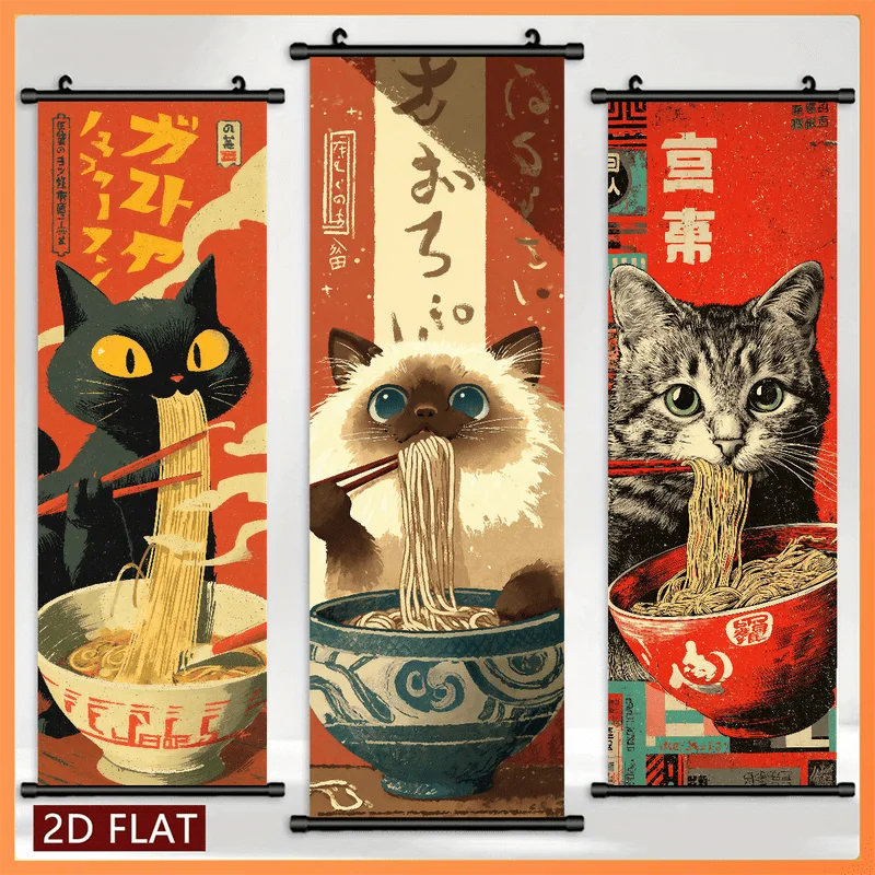 VIKAMA Fun Cat Ramen Scroll Tapestry, Retro Japanese Ukiyo-e Kitten Ramen Bowl Vertical Wall Hanging, Cute Bedroom Wall Decor
