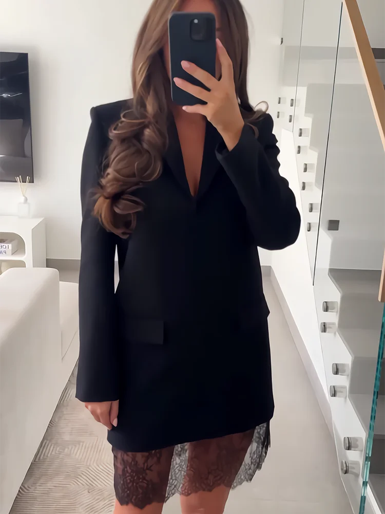 

Trendix Black Lace Blazer Dress For Women's 2026 Pocket Patchwork Long Sleeve Mini Dresses Office Commute Elegant Short Dress