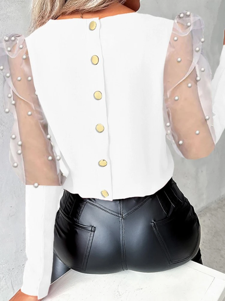 Women Beaded Sheer Mesh Patchwork Shirt Blouses