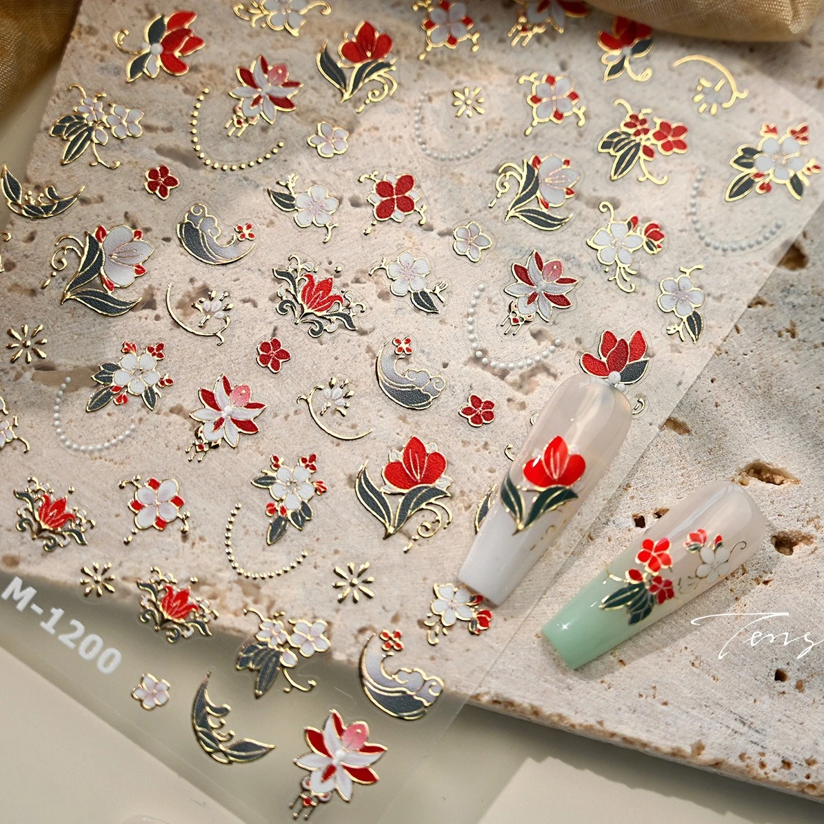 Autocollants de manucure pour Nail Art, fleur rouge et blanche délicate, estampage à chaud romantique, nuages de bon augure, pivoine, maïs, coquelicot, feuilles vertes