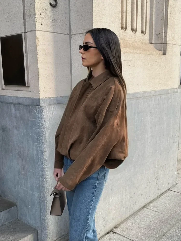 

Suede Blazer Jacket 2025 Women Solid Color Long Sleeve Coat Autumn Spring Loose Fit Zip Front Office Casual Streetwear Fashion