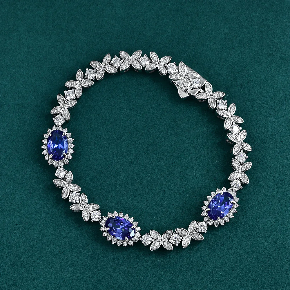 

2023 New 925 Silver Inlaid 1.5ct Egg shaped Tanzanian Blue Women's Vintage Style Full Diamond Bracelet Length