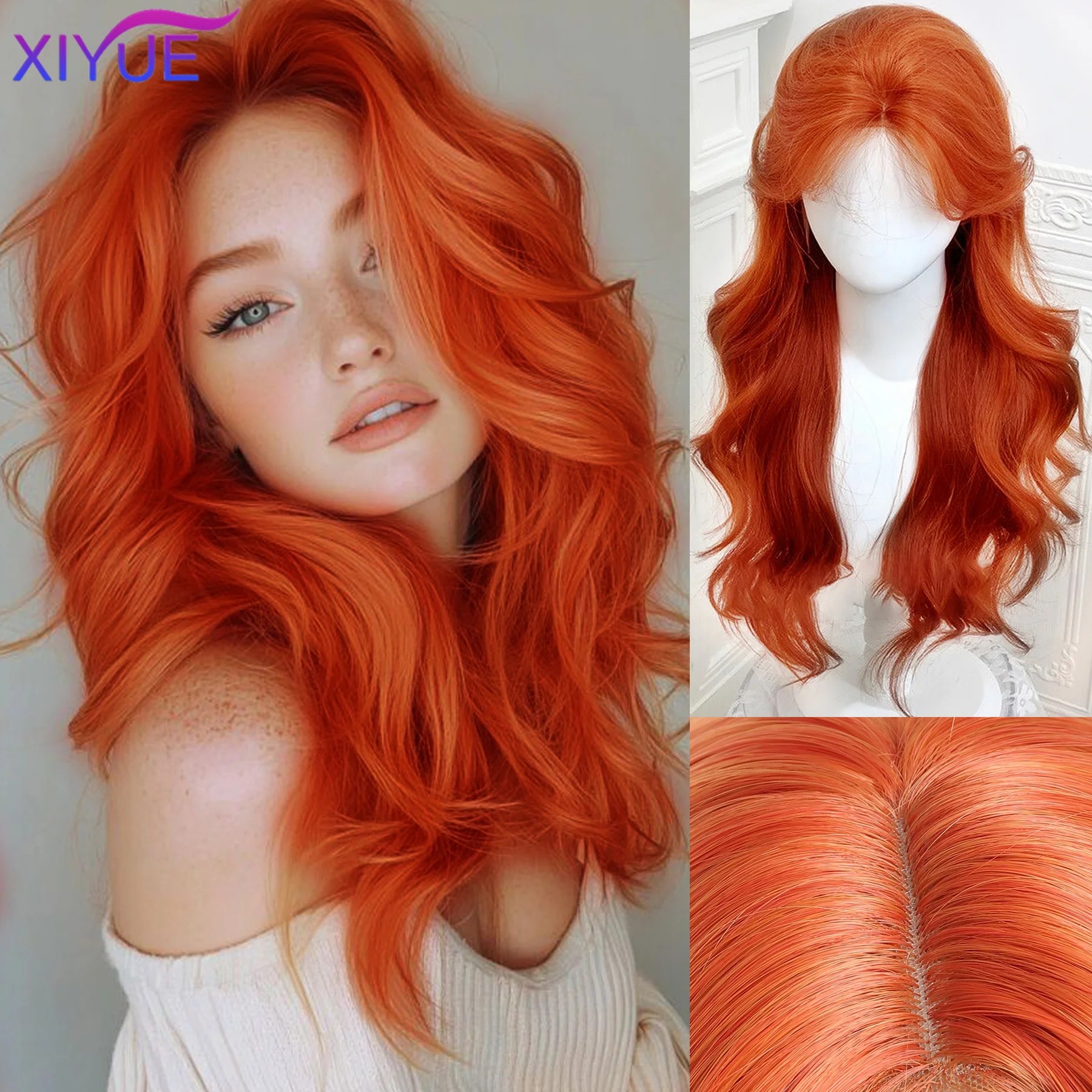 Red Brown Copper Ginger Long Straight Synthetic Lace Front Wigs for Women Natural Wave Wigs with Bangs Cosplay Heat Resistant