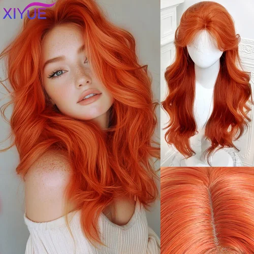 Pelucas delanteras de encaje sintético para mujer, pelo largo liso, rojo, marrón, cobre, jengibre, ondas naturales, con flequillo, Cosplay, resistente al calor