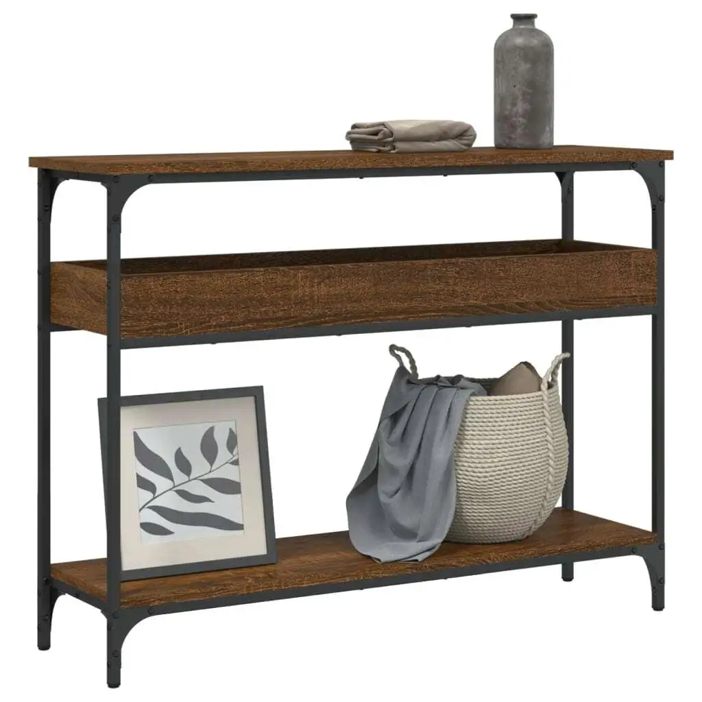 Stylish Brown Oak Console Table with Shelf, 39.4x11.4x29.5, Durable Engineered Wood Furniture