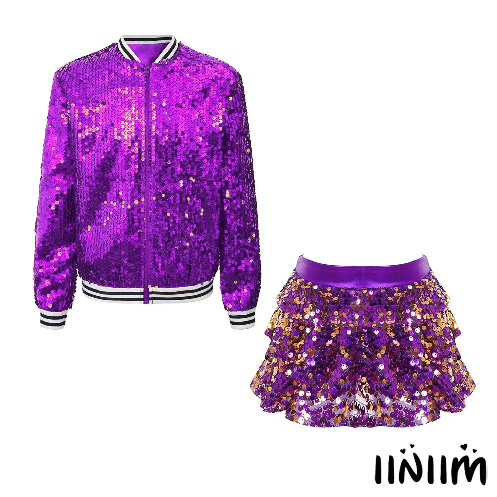 

Kids Girls Hip Hop Jazz Jacket Striped Trim Baseball Jackets Outerwear And Ruffle Skirted Shorts Street Disco Dance Outfit