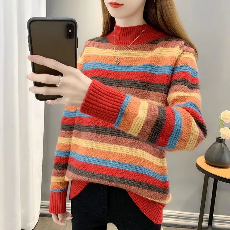 Half-neck Striped Sweater Women's New Female Clothing Autumn Winter 2025 Loose Coat Knitwear Bottoming Undershirts Jacket