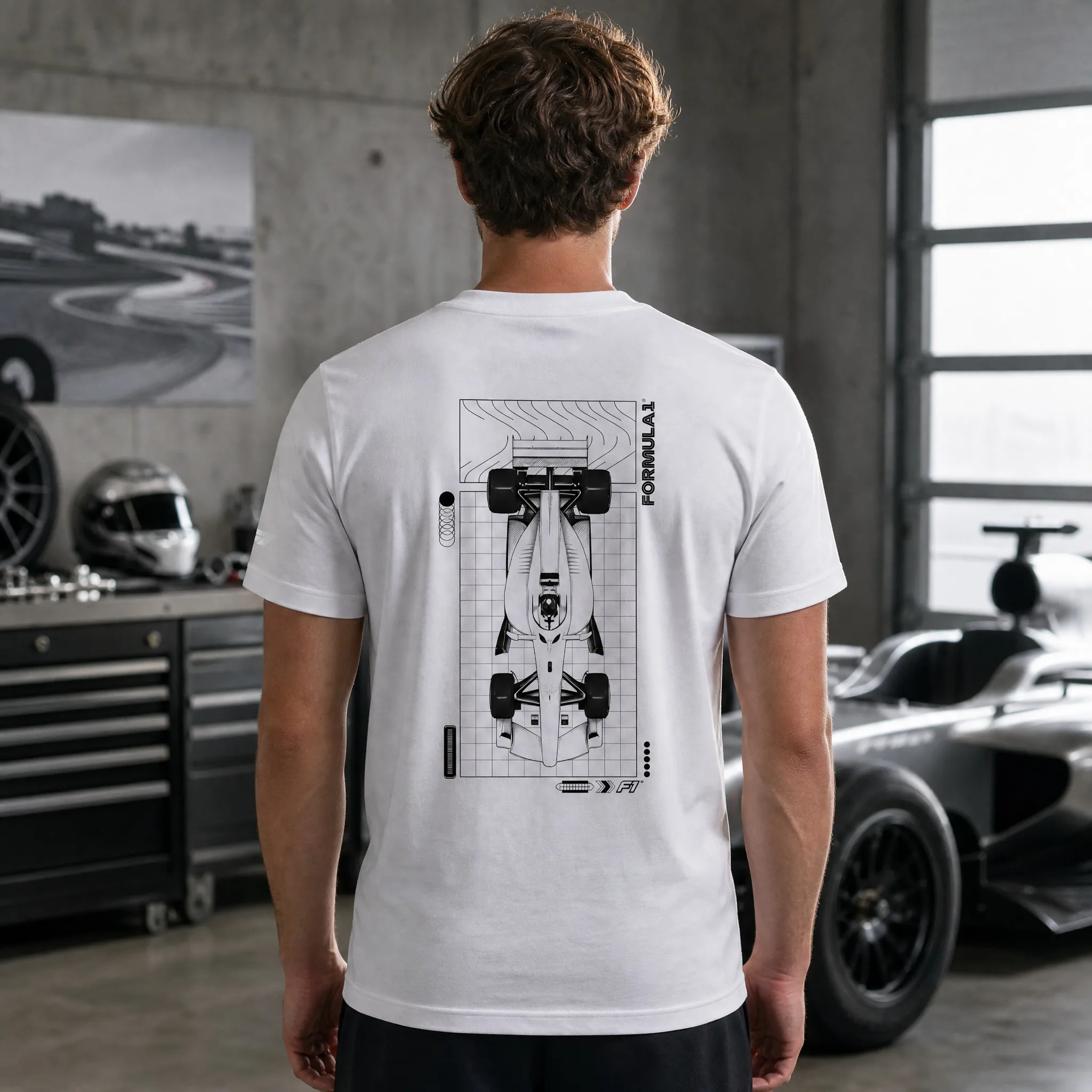 Men White F1 Racing T-Shirt Crew Neck Vertical Formula 1 Print Race Car Line Art Back Casual Motorsport Short Sleeve T-Shirt
