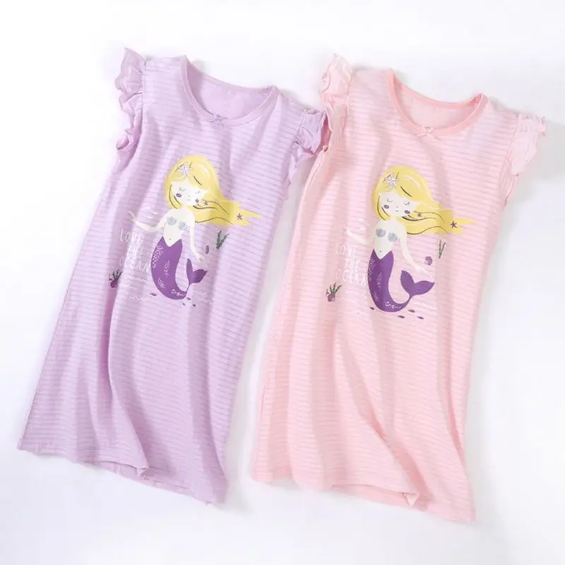 Kids Girls 100% Cotton Cartoon Nightgown Printed Design Light Breathable Comfortable Nightdress Girl Summer Sleeves Nightwear