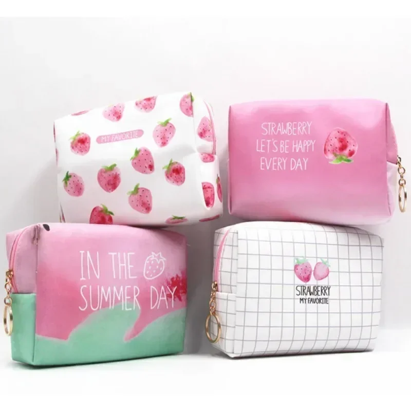 Portable Toiletry Bag Travel Storage Bag Makeup Pouch PU Waterproof Cosmetic Bag Creative Pink Strawberry Series Large Capacity