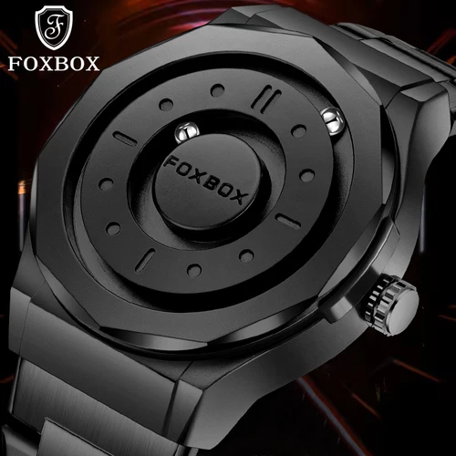 FOXBOX, relojes de pulsera de cuarzo con puntero de desplazamiento creativo de fuerza magnética para hombre, reloj impermeable para deportes al aire libre, reloj Masculino