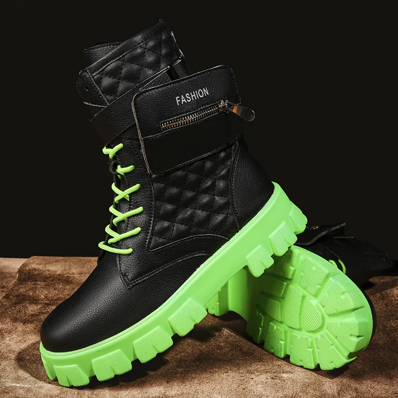 Spring Autumn Fashion Black Green Boots for Men Comfort Platform High Boots Men Retro Leather Ankle Boots Men Botas Para Hombre