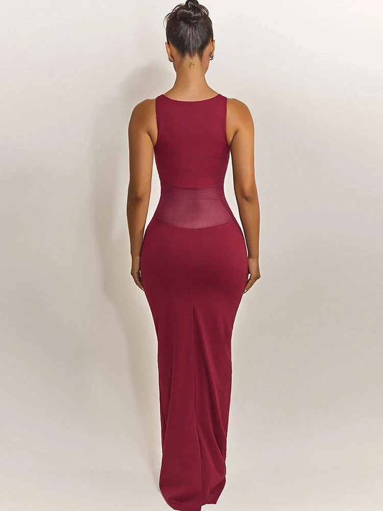 فساتين طويلة بحزام كتف شفاف من Kliou للسيدات بياقة على شكل حرف U بدون أكمام مرقعة بخصر عالٍ لحفلات أعياد الميلاد فساتين ضيقة أنيقة