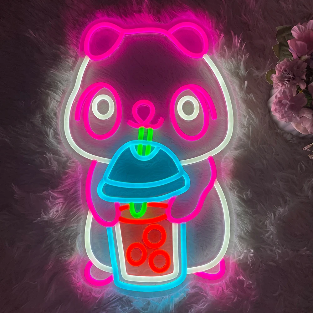 Anime Neon Sign Cute Bear Drink Bubble Tea Neon Signs for Coffee Shop Boba Tea Store Decoration Led Light  Animal Wall Decor