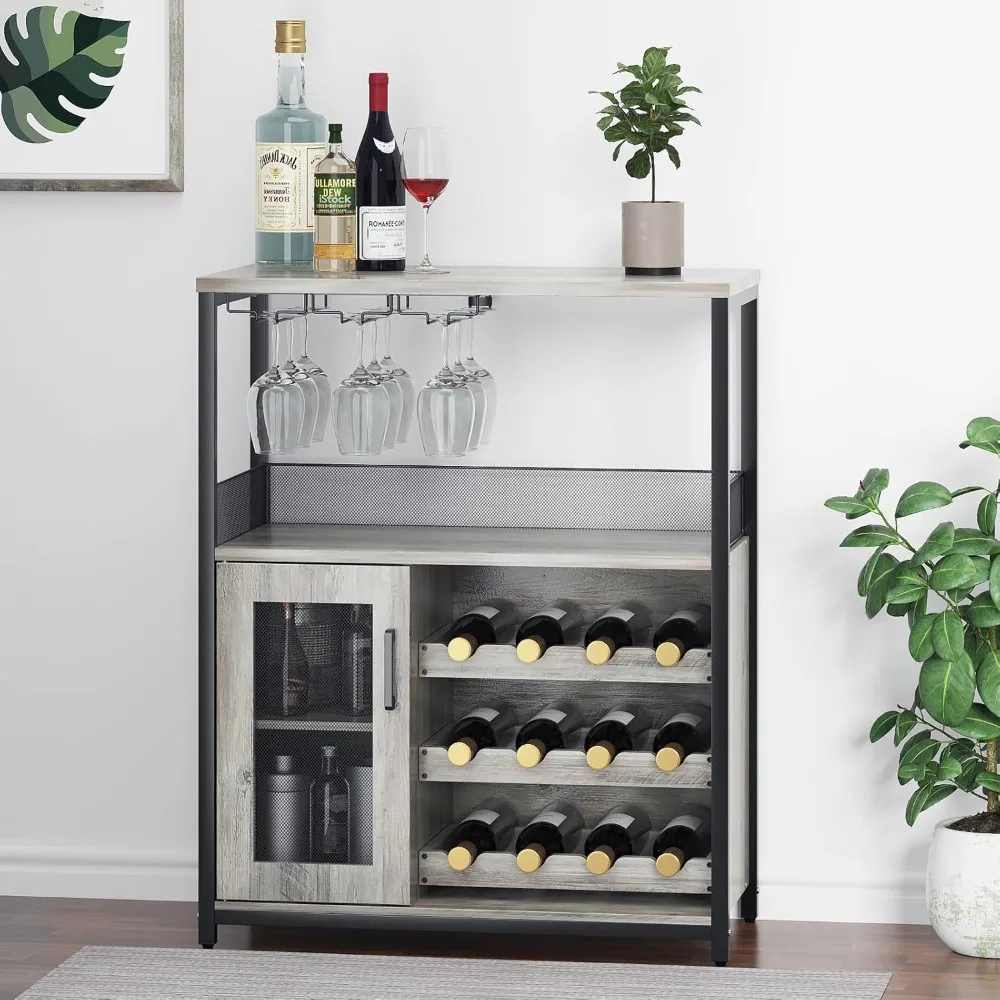 

Coffee Wine Bar Cabinet with Storage and Detachable Rack, Farmhouse Sideboard and Buffet Cabinet with Glass Holder and Mesh Doo