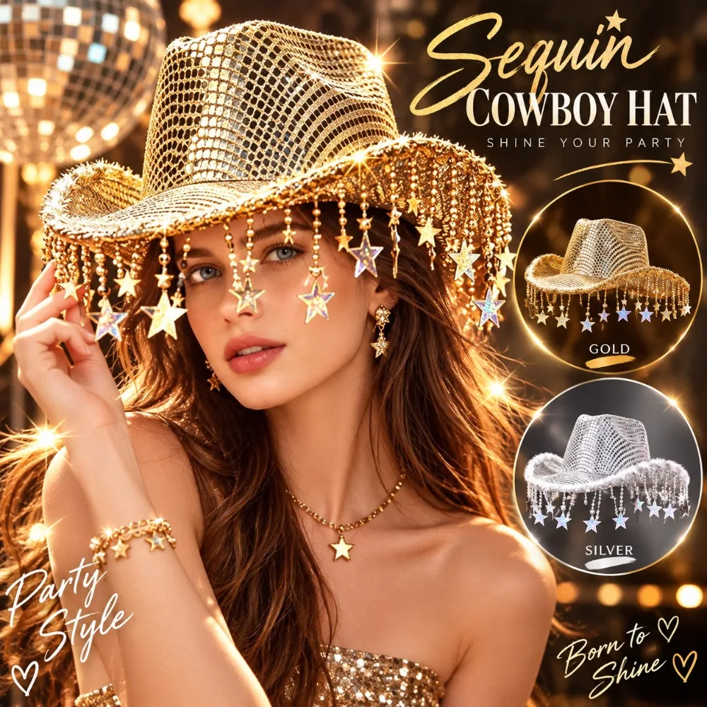 Tassel Decoration Rhinestone Cowboy Hat Rhinestone Band Sparkling Glitter Fabric Rhinestone Cowgirl Hat Lightweight