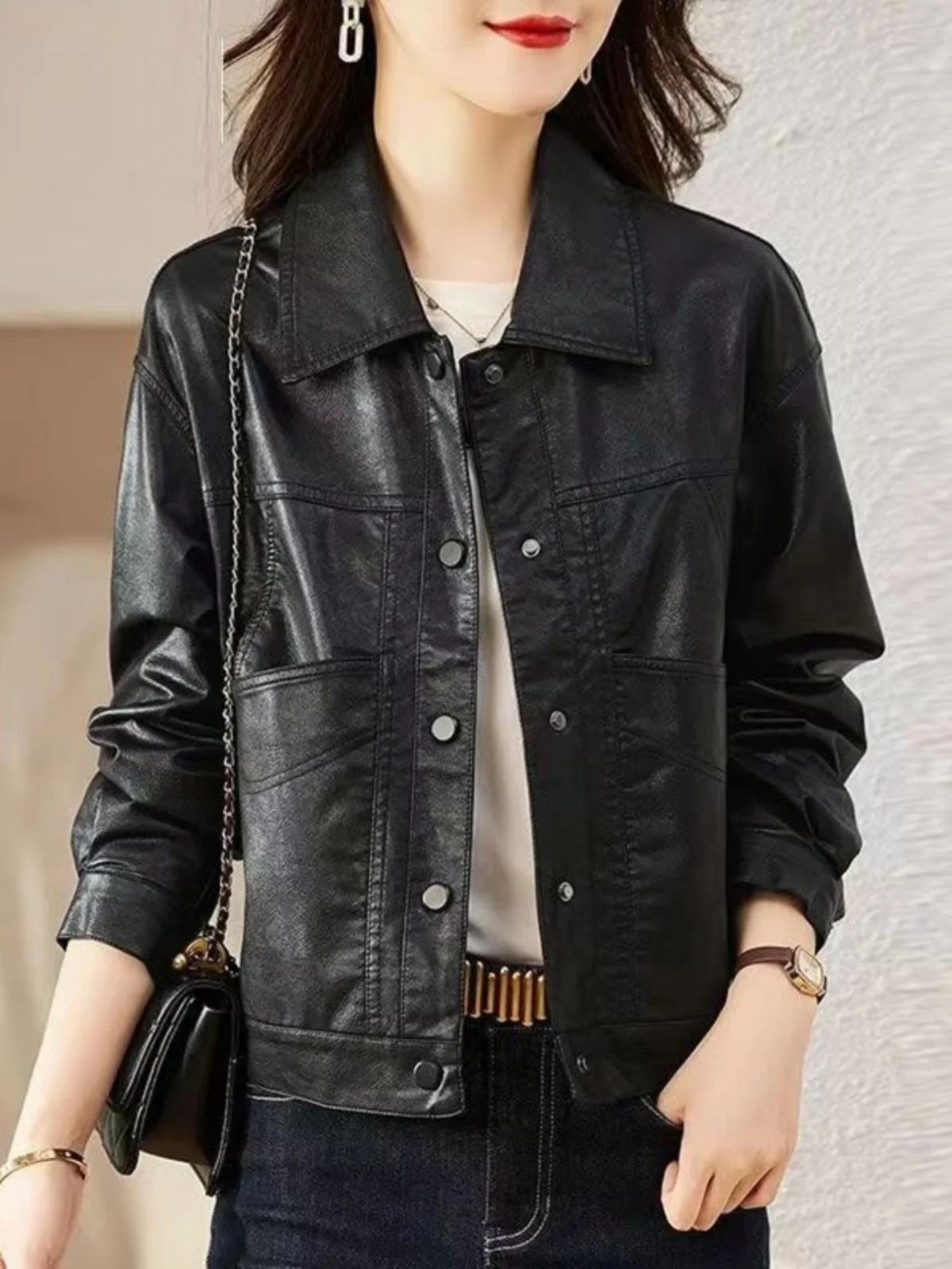 Fashionable Short Leather Jacket Women's Spring Autumn Small Size Lady's Style Commute Wind Washed PU Leather Coat