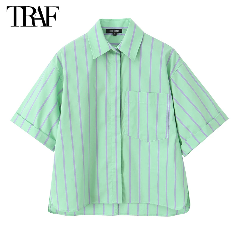 TRAF 2024 Striped Shirts for Women Collar Button up Shirt Woman Summer Oversized Shirt Women Short Sleeve Shirts and Blouses