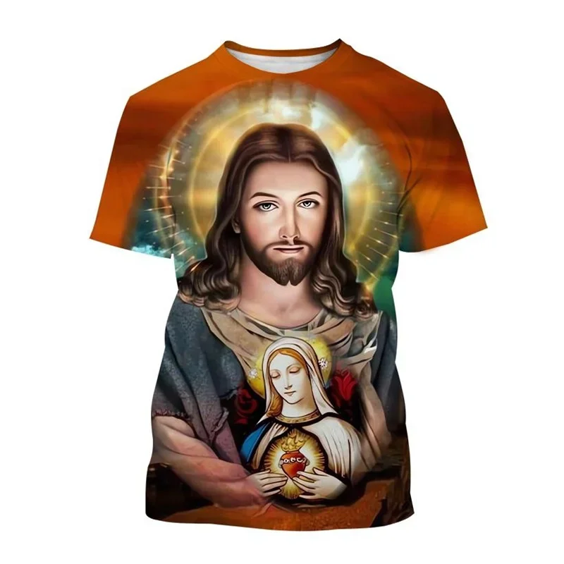 2024 New Summer Hot Christian God Jesus T-shirt, Men\'s Virgin Mary 3D Printed T-shirt Fashion Casual Western Short-sleeved Ladie