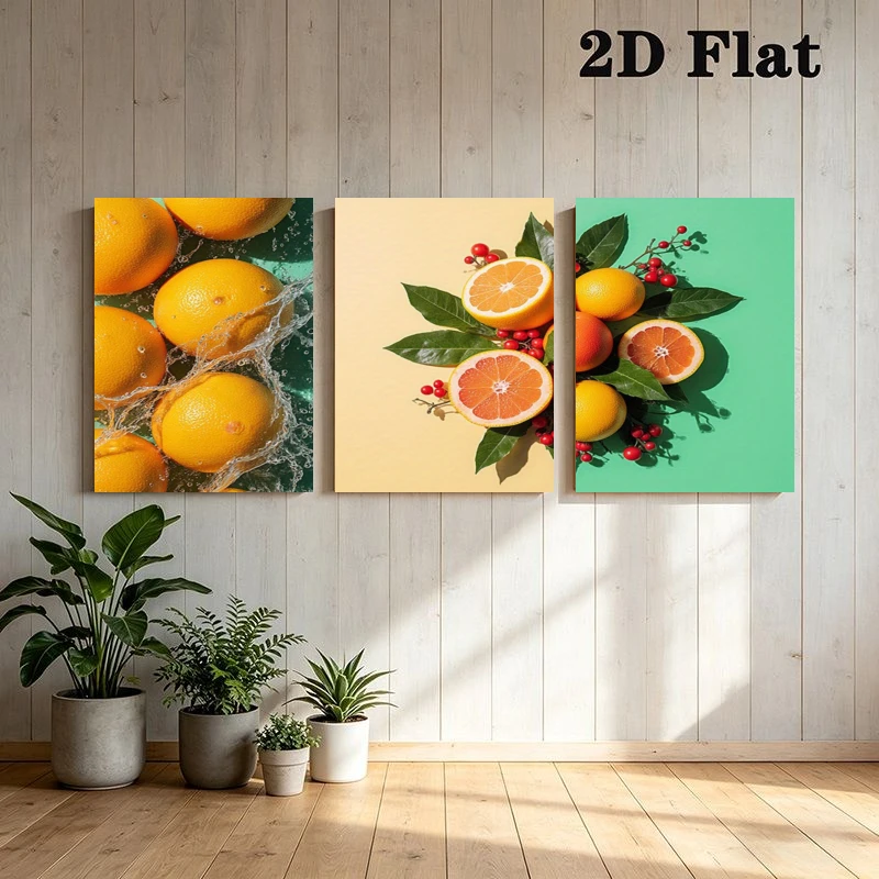 2D Flat, 2D Flat, 3pcs Modern Juicy Orange Wall Art, Splashing Water with Green Leaves And Red Berries, Frameless Poster Prin