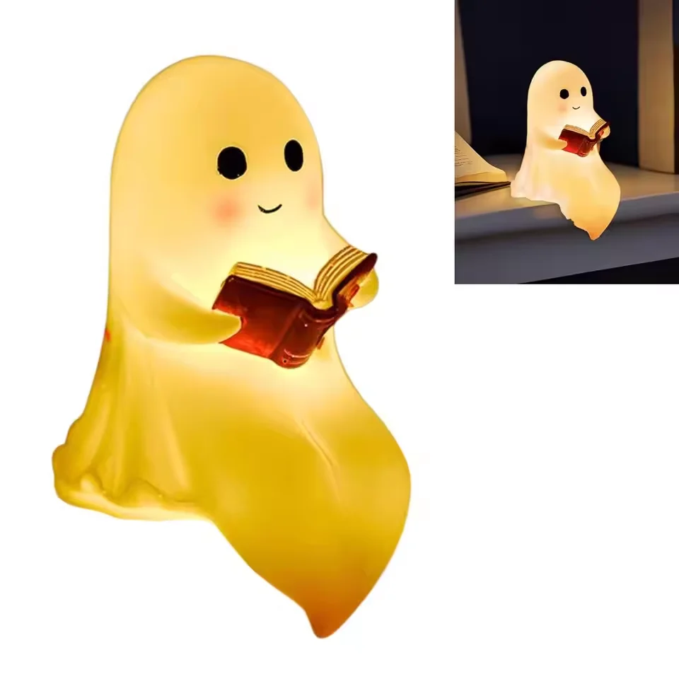 Lámpara de lectura de fantasma bonita, decoración de Halloween, estatua de fantasma brillante, luz LED nocturna, luz de escritorio espeluznante para dormitorio, estudio, amante de los libros