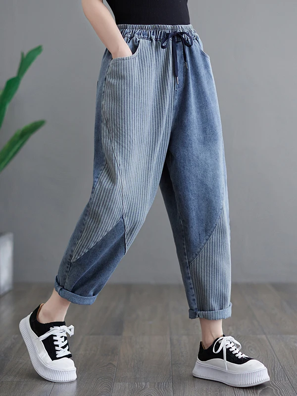 

High Waist Loose Fit Stripe Patchwork Denim Jeans Women's Summer Korean Style plus Size Drawstring Slimming Harlan Pants