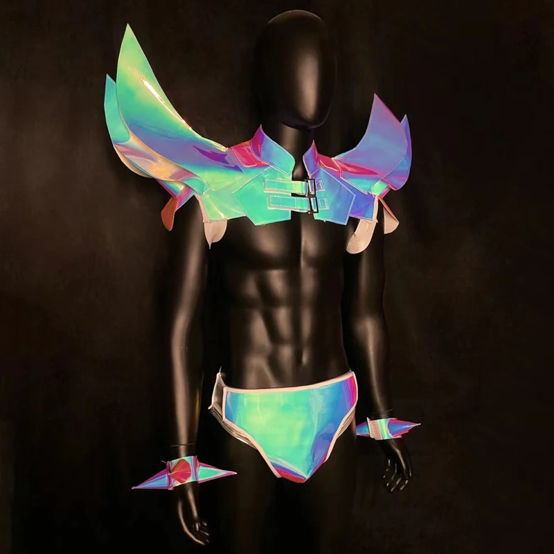 Colorful Laser Flying Shoulder Top Shorts Sexy Gogo Dancer Costume Men Dj Ds Pole Dance Clothing Muscle Man Stage Outfit XS7006