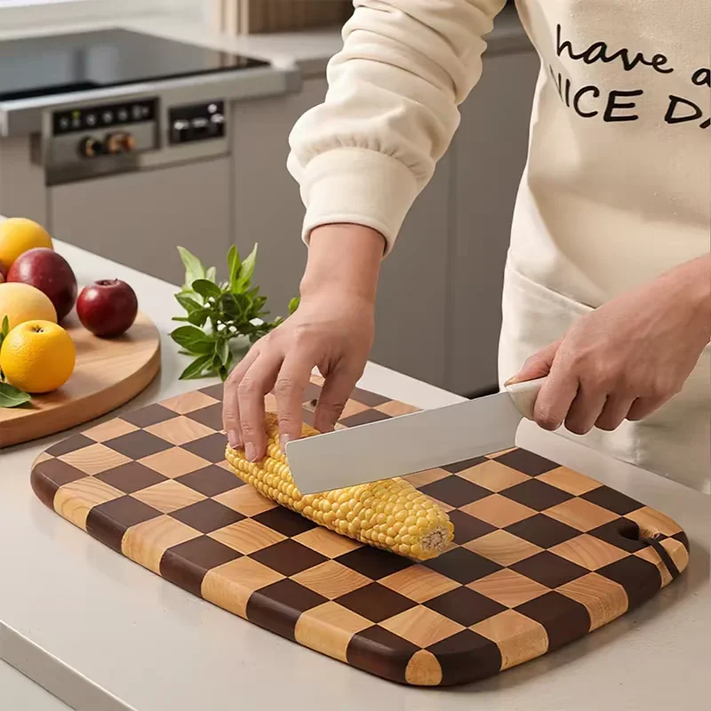 Anti-slip Rubber Wood Cutting Board Checkerboard Texture Double Sided Chopping Board Mildew Proof Kitchen Cutting Board Cooking