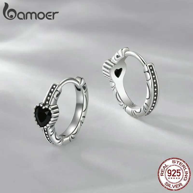 BAMOER Solid 925 Sterling Silver Nightfall Heart Hoop Earrings for Women Teens Heart Huggie Birthday Gift SCE1800