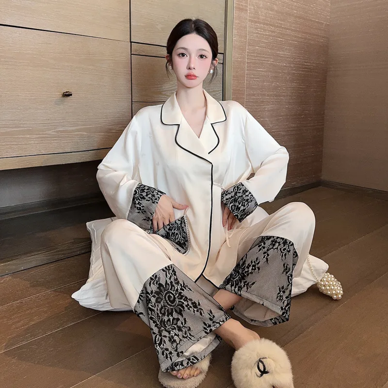 Luxury V-neck Fall New Nightgown Woman Ice Silk Lace High Quality Chic Sweet Jacquard Yarn Sleeve Smooth Two-piece Pyjamas Sets