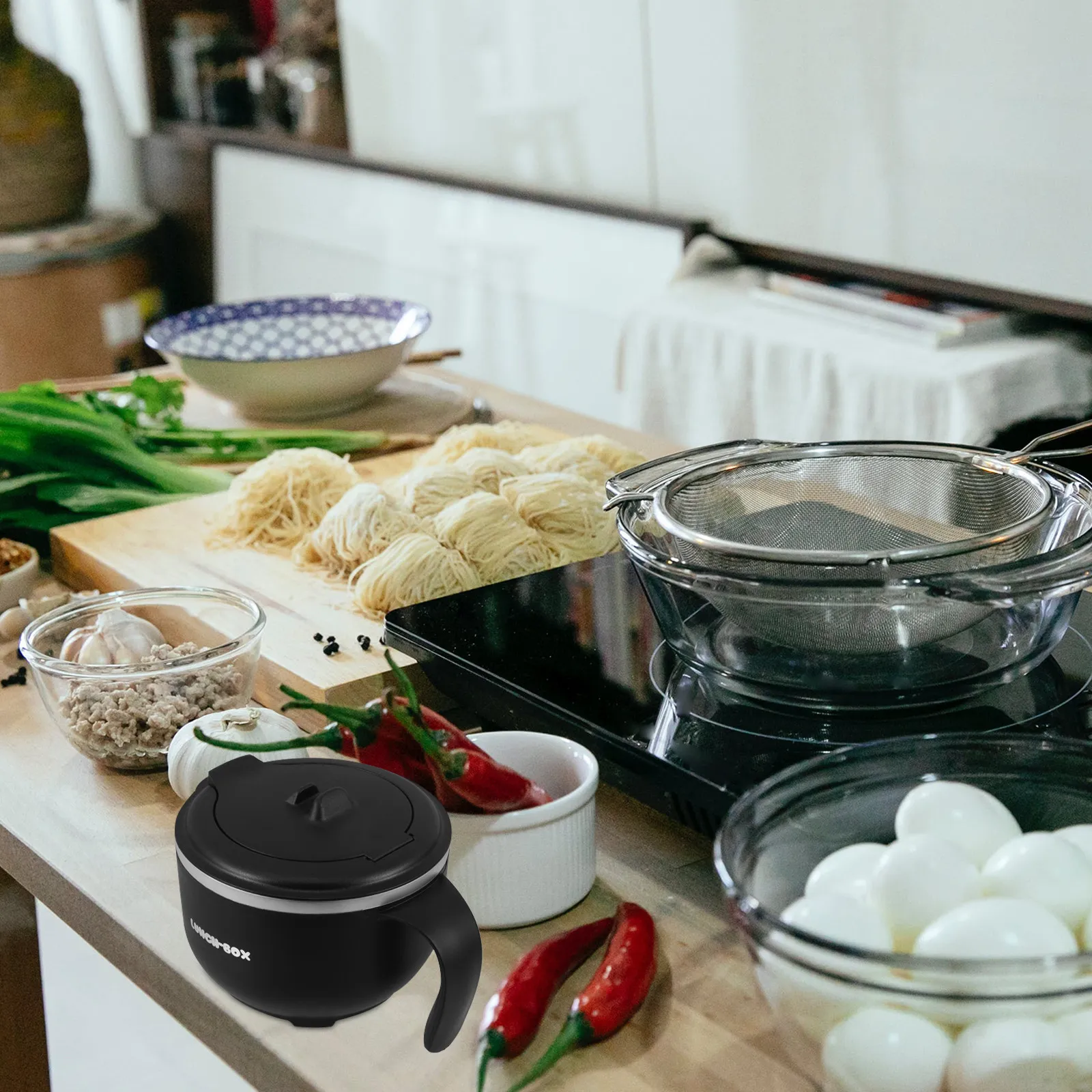 Edelstahl-Ramen-Schüssel 304 Lebensmittelqualität Große Kapazität Instant-Nudeln-Suppen-Reisschüssel mit Abflusslöchern Deckel Löffel Tragbar