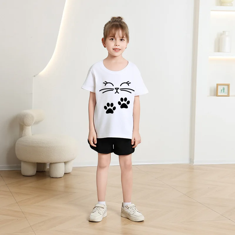 Summer New Cute Cat Animal Print Round Neck Short Sleeved Tee Shirt for Boys and Girls Fashionable and Simple Children's T-shirt