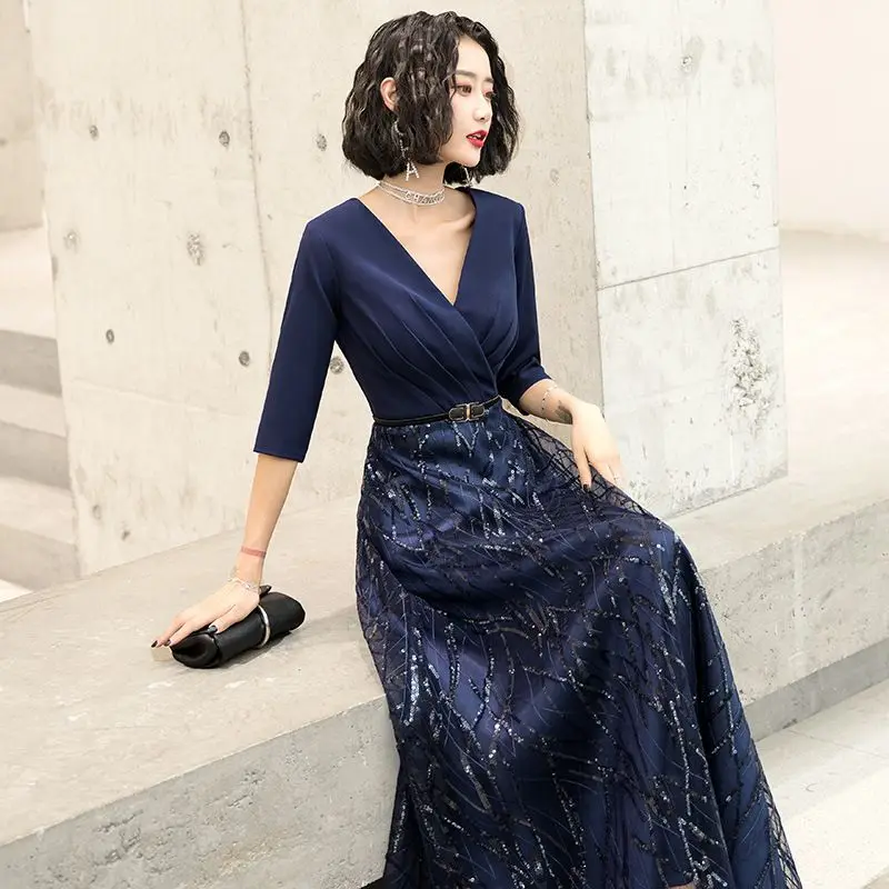 Imagem -03 - New Summer Blue Sequins Luxo Midi Três Quartos Manga Vestido de Noite Mulheres Coreano Lady Elegante Vintage Party Night Dresses