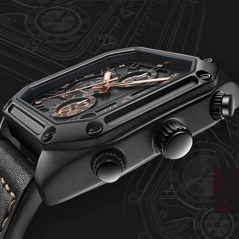 Mark Fairwhale Luxury Mens Quartz Watch Fashion Leather Strap Multifunctional Square Wristwatch for Men