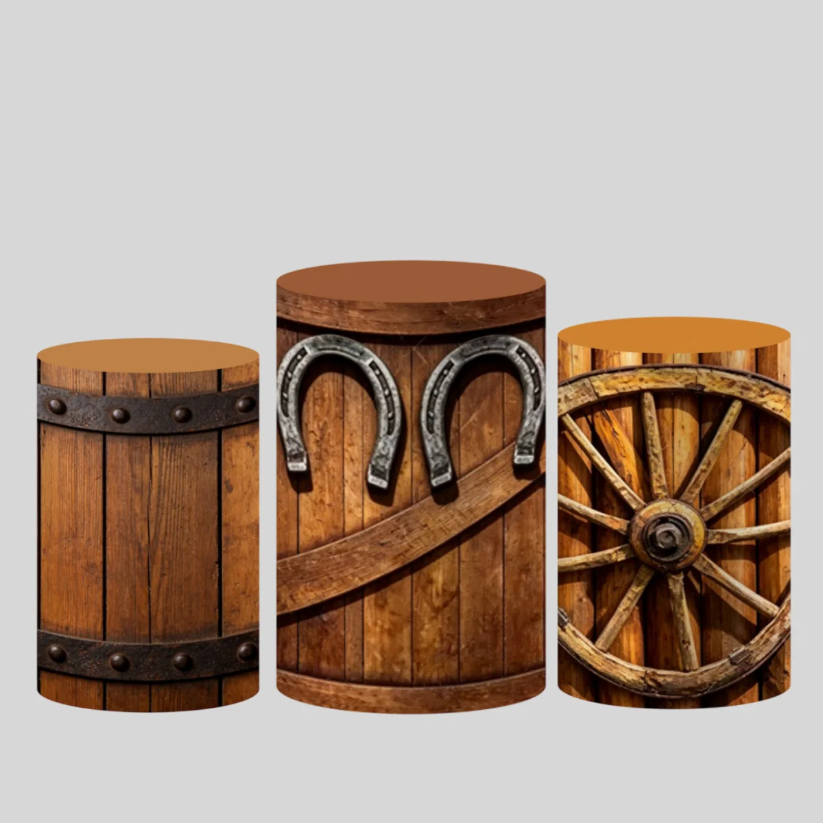 Vintage Western Cowboy Cylinder Backdrop Cover  Wooden Barrel Wheel Adult Kids Birthday Party Decoration Pedestal Plinth Cover